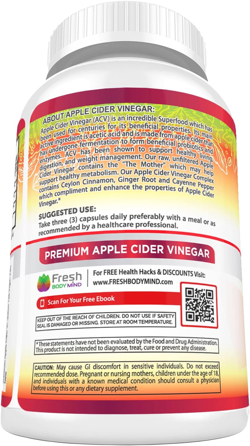 Organic Apple Cider Vinegar Capsules 1740mg with Mother - Natural Detox & Digestion Support with Cinnamon, Ginger & Cayenne - 120 Vegan Pills for Healthy Living