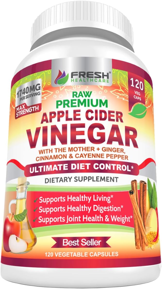 Organic Apple Cider Vinegar Capsules 1740mg with Mother - Natural Detox & Digestion Support with Cinnamon, Ginger & Cayenne - 120 Vegan Pills for Healthy Living