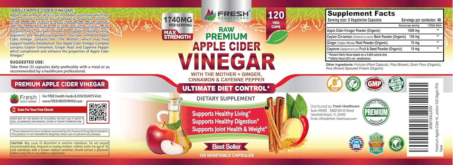 Organic Apple Cider Vinegar Capsules 1740mg with Mother - Natural Detox & Digestion Support with Cinnamon, Ginger & Cayenne - 120 Vegan Pills for Healthy Living