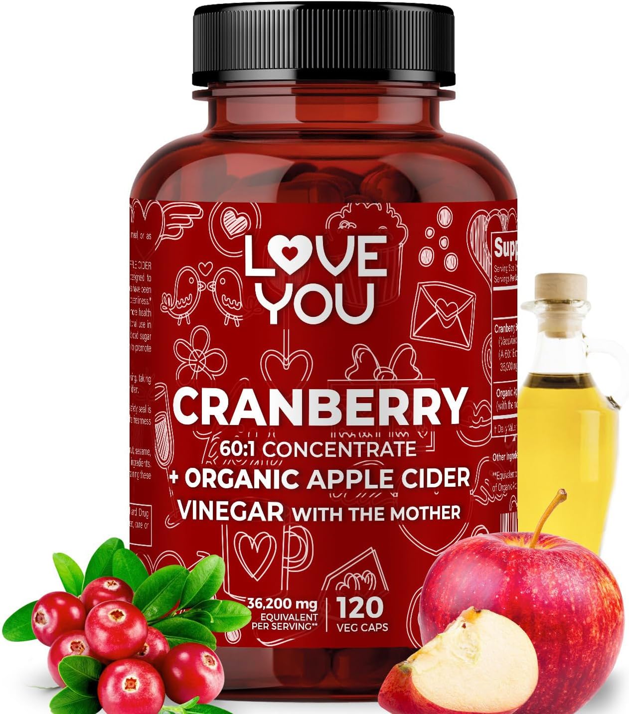 Organic Apple Cider Vinegar Capsules with Cranberry Extract - 36,200 mg Strength, 120 Veggie Caps - Vegan & All-Natural