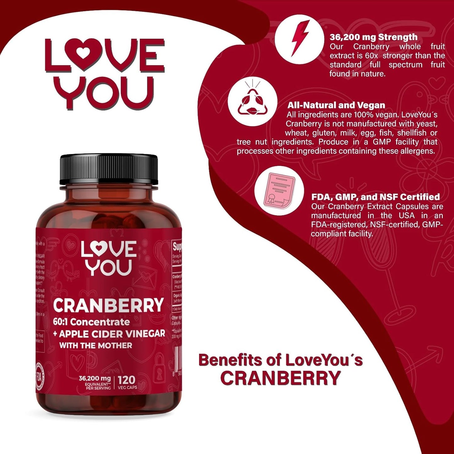 Organic Apple Cider Vinegar Capsules with Cranberry Extract - 36,200 mg Strength, 120 Veggie Caps - Vegan & All-Natural