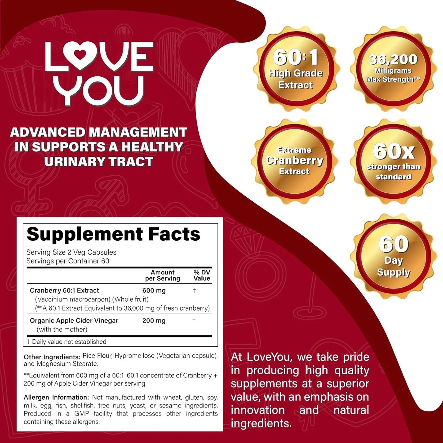 Organic Apple Cider Vinegar Capsules with Cranberry Extract - 36,200 mg Strength, 120 Veggie Caps - Vegan & All-Natural