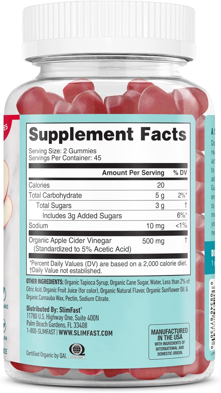 Organic Apple Cider Vinegar Gummies - 500mg per Serving - Crisp Apple Flavor - 45 Servings