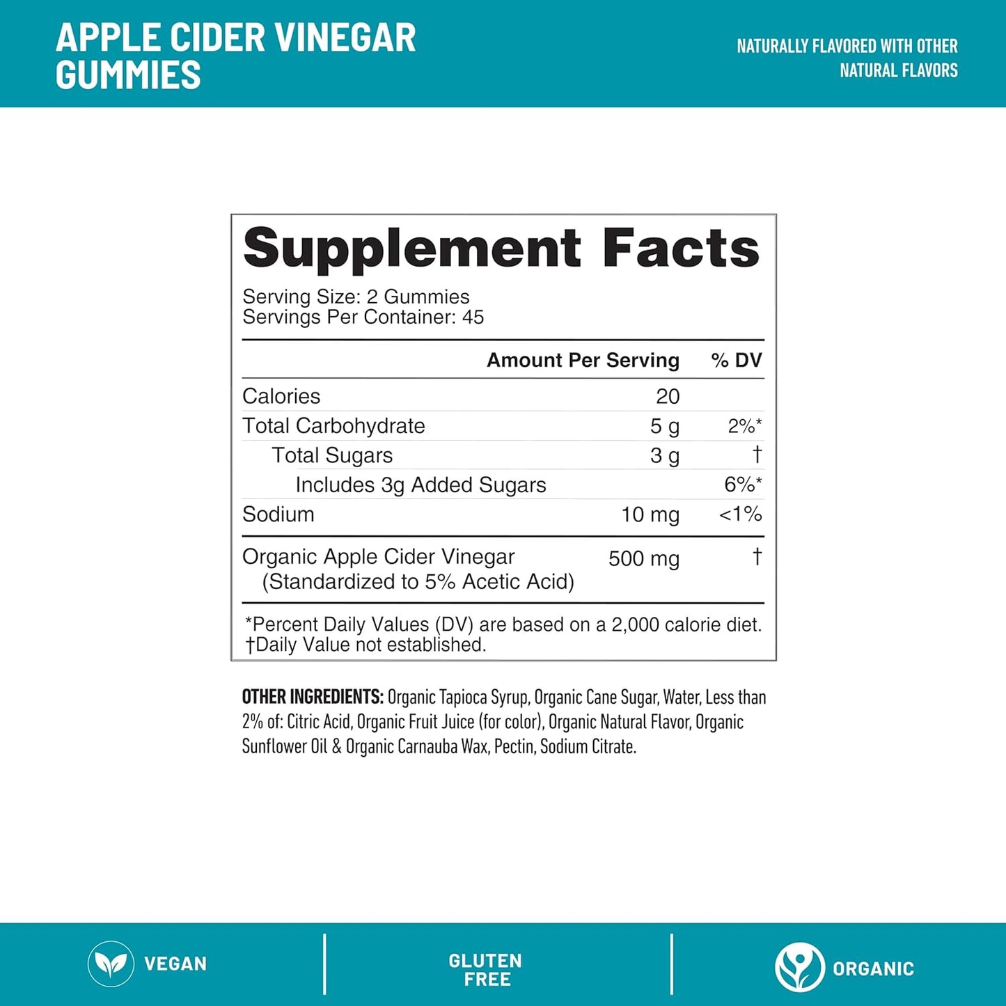 Organic Apple Cider Vinegar Gummies - 500mg per Serving - Crisp Apple Flavor - 45 Servings