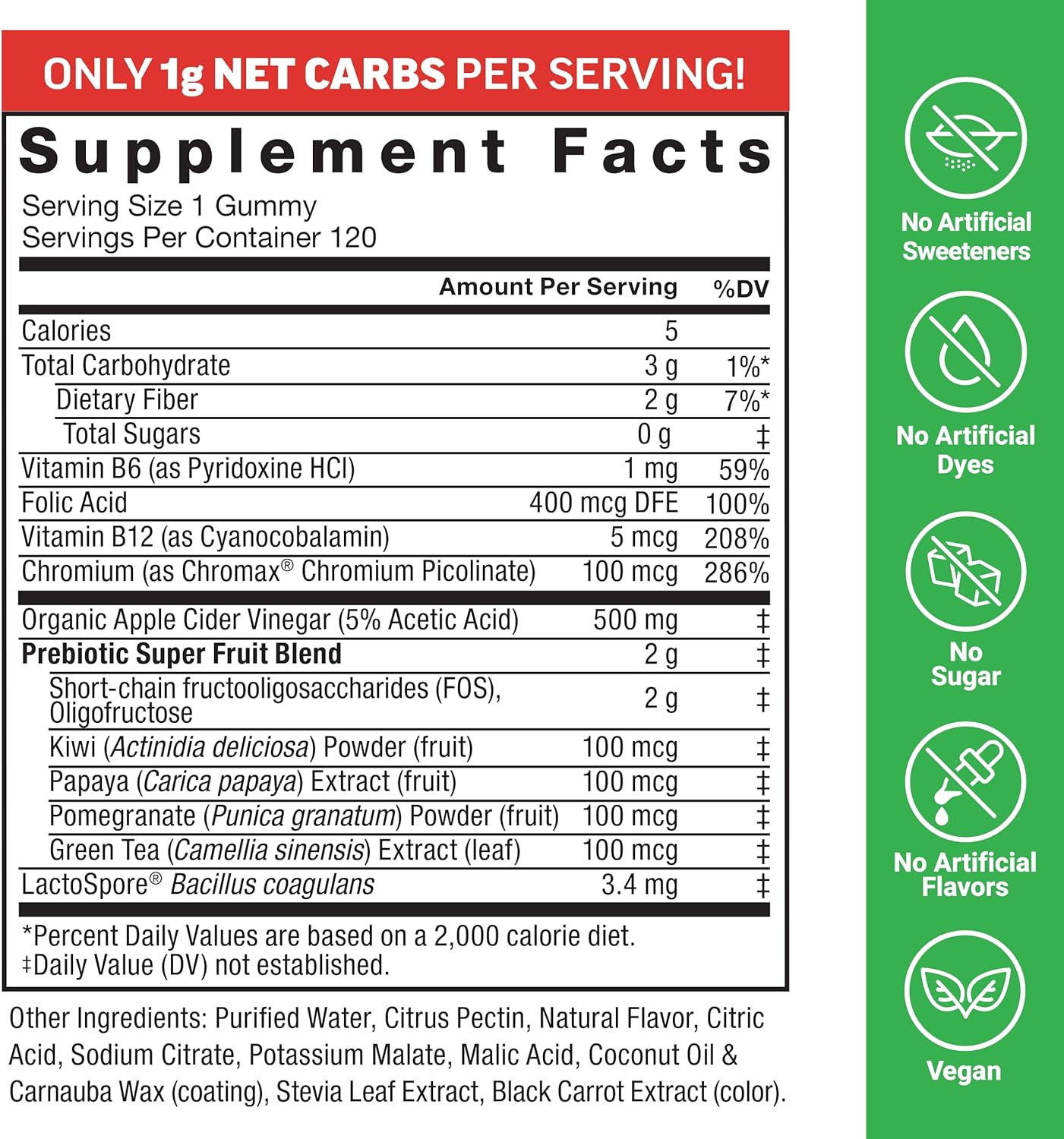 Organic Apple Cider Vinegar Gummies with Probiotics & Prebiotics for Digestion & Metabolism, Apple Flavor, 120ct