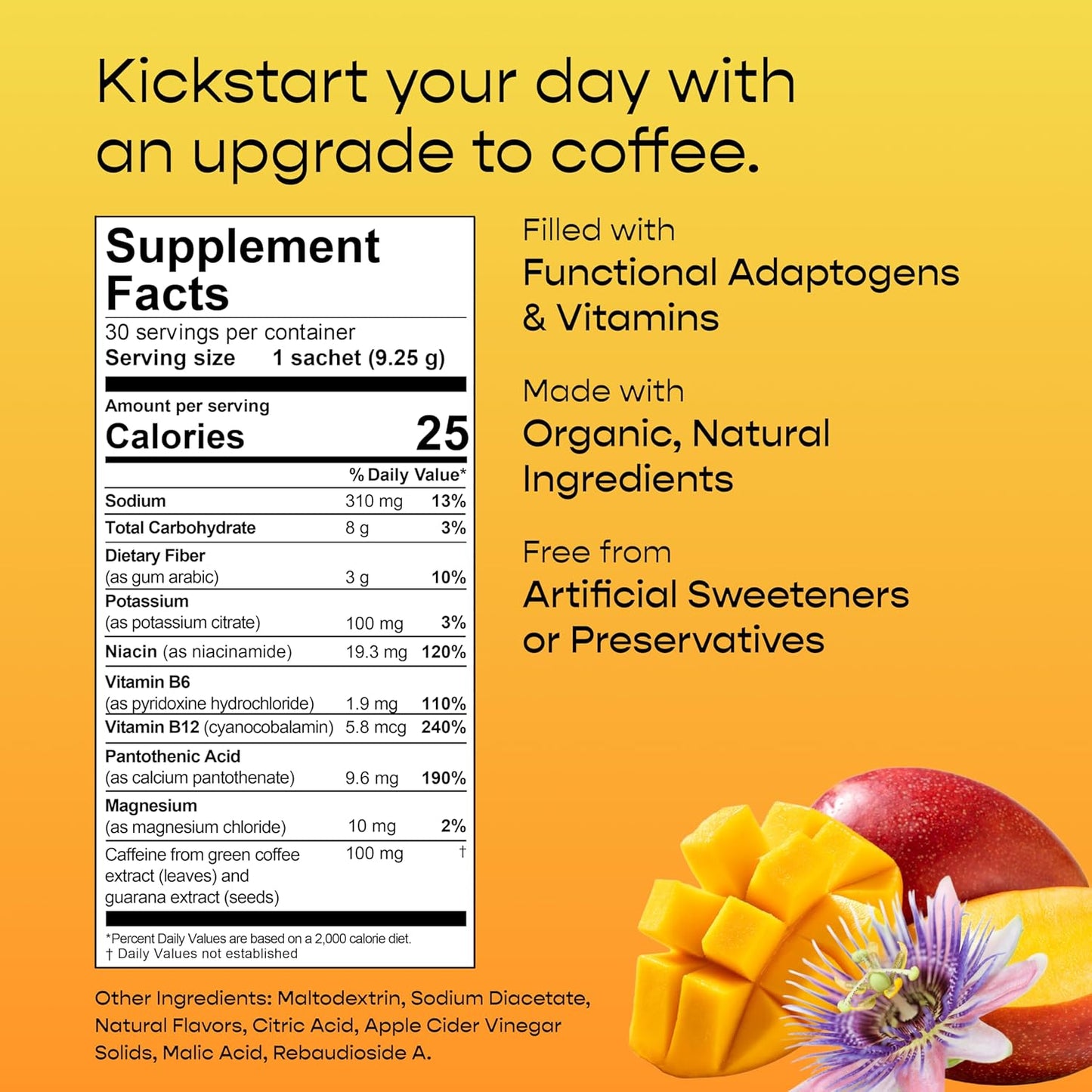 Organic Apple Cider Vinegar Hydration Packets with Electrolytes & Energy - Mango Passionfruit Flavor - 30ct