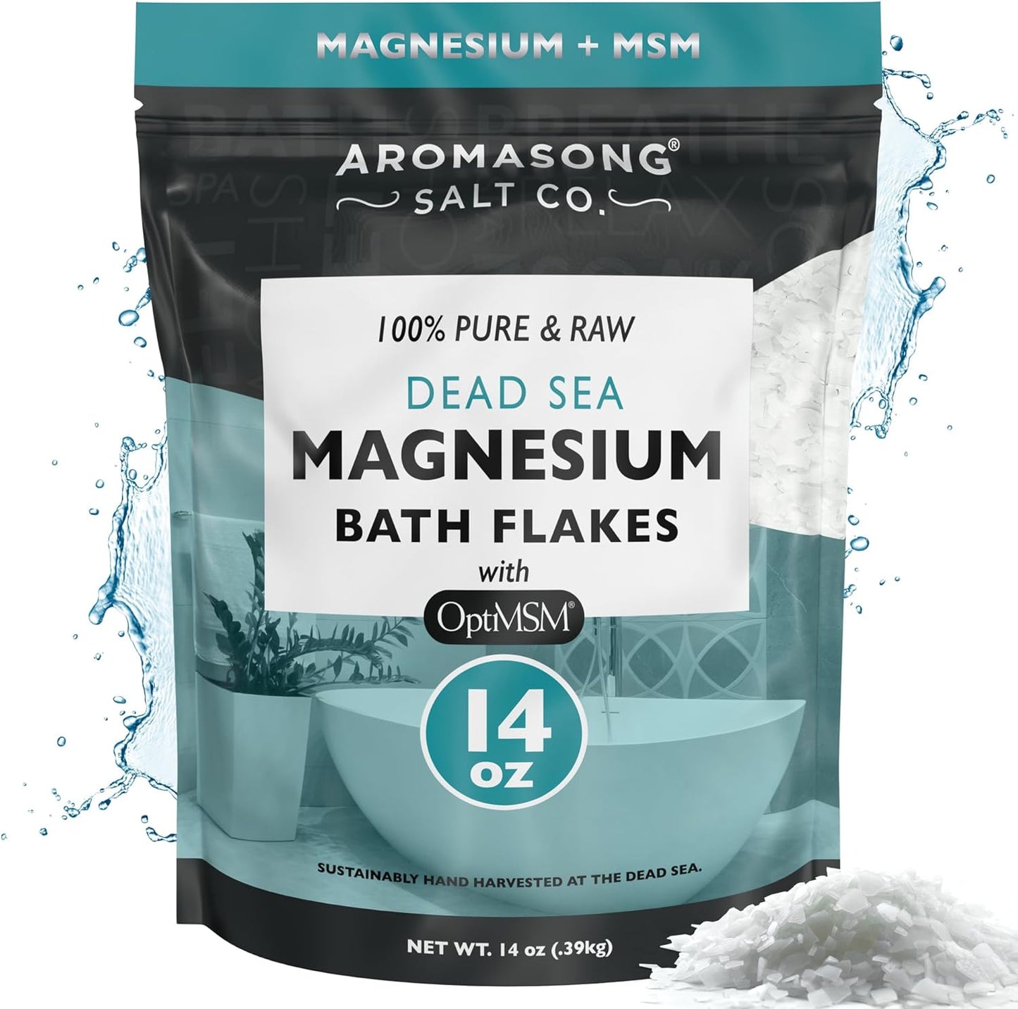 Organic Aromasong RAW Magnesium Flakes with OptiMSM - Muscle-Relaxing Bath Salts for Soaking - 14 Oz. Pack
