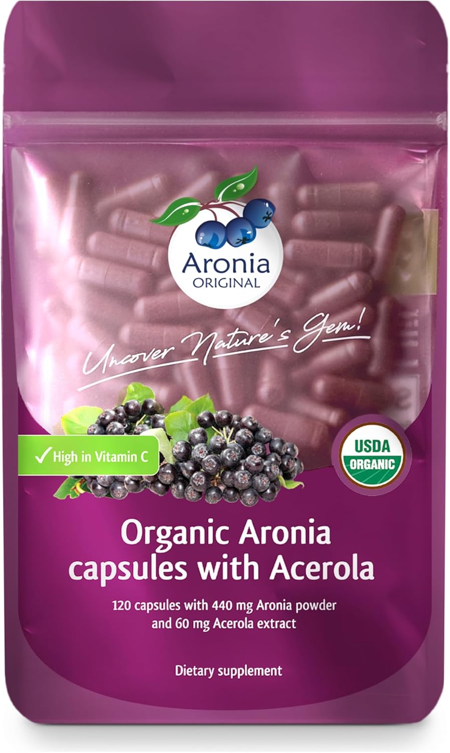 Organic Aronia Berry Capsules - 60 Servings | High Vitamin C & Antioxidants | Natural Black Chokeberry Supplement - 17,600 mg Aronia & 120 mg Acerola Cherry