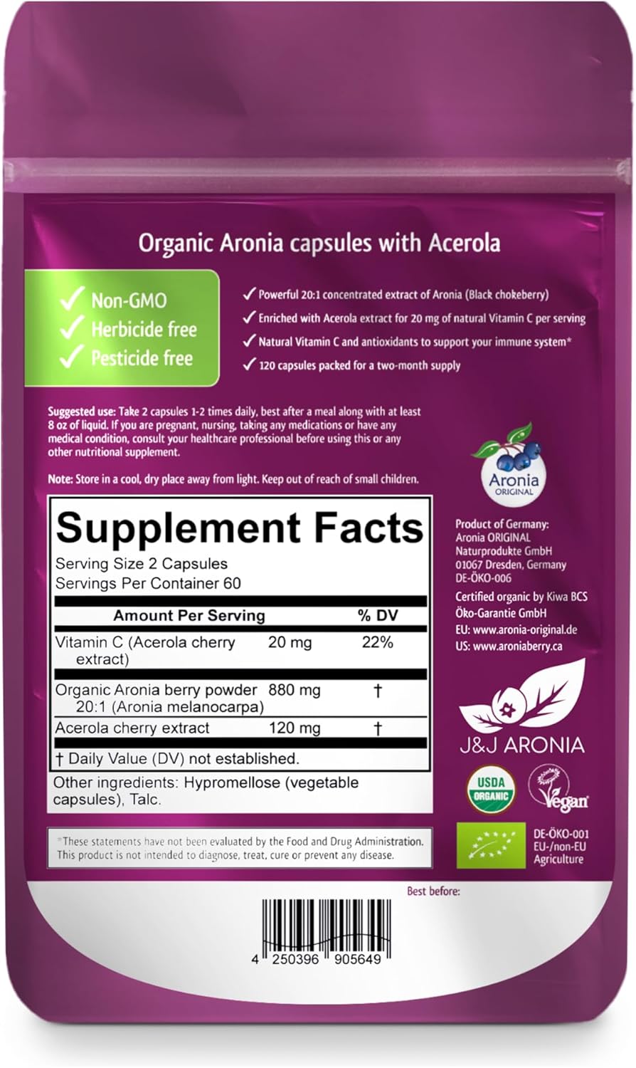 Organic Aronia Berry Capsules - 60 Servings | High Vitamin C & Antioxidants | Natural Black Chokeberry Supplement - 17,600 mg Aronia & 120 mg Acerola Cherry
