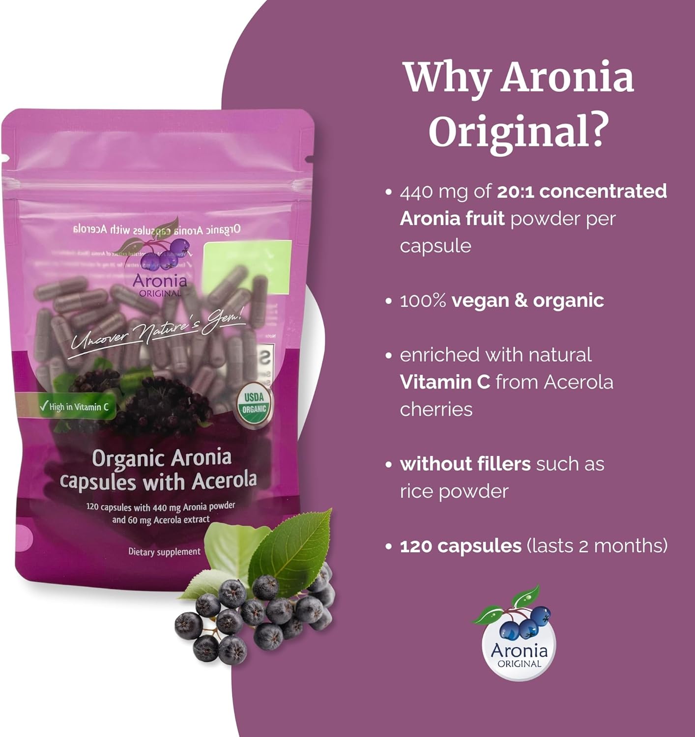 Organic Aronia Berry Capsules - 60 Servings | High Vitamin C & Antioxidants | Natural Black Chokeberry Supplement - 17,600 mg Aronia & 120 mg Acerola Cherry
