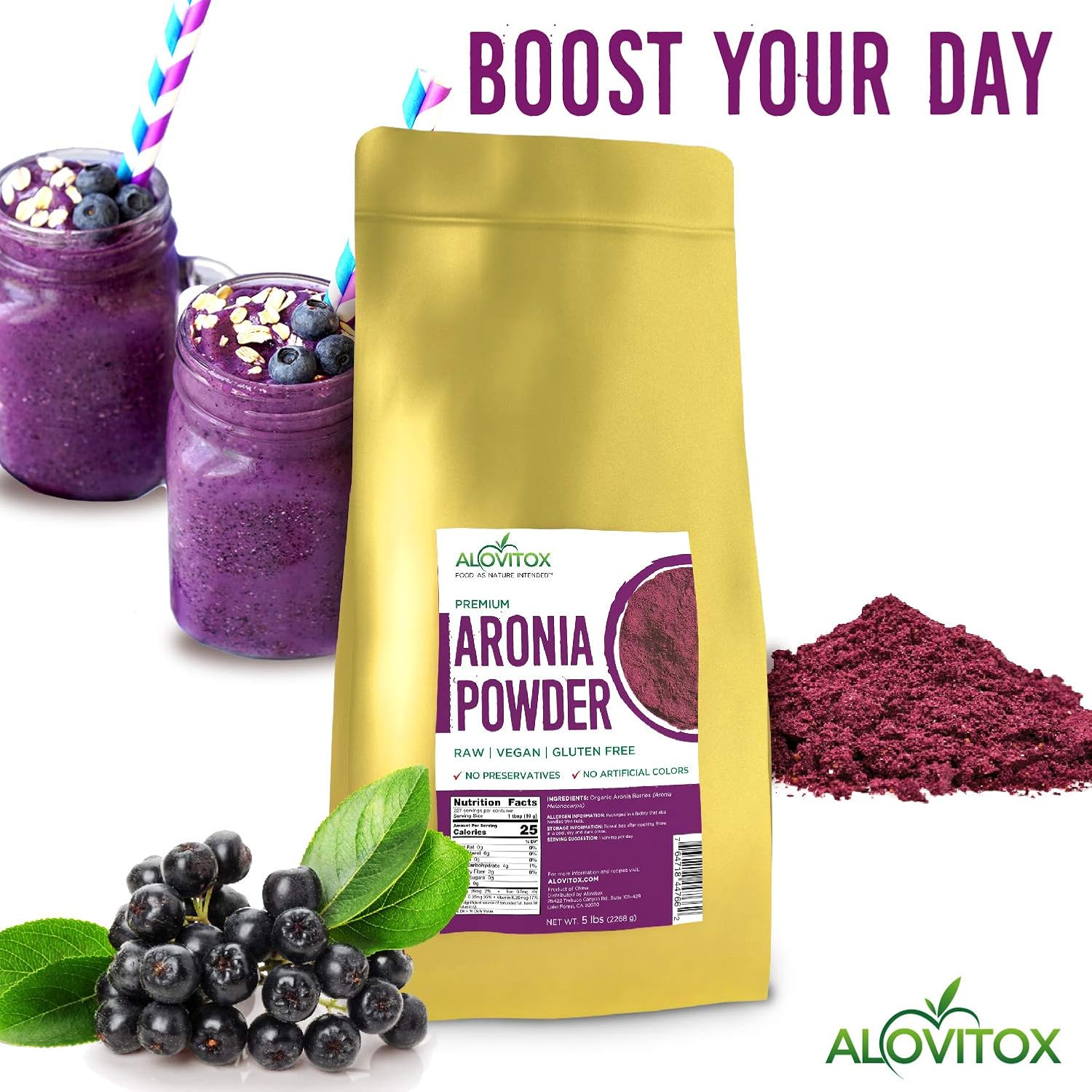 Organic Aronia Juice Powder | Rich in Antioxidants, Fiber, and Essential Vitamins | Non-GMO, Gluten Free, Water Soluble | Alovitox
