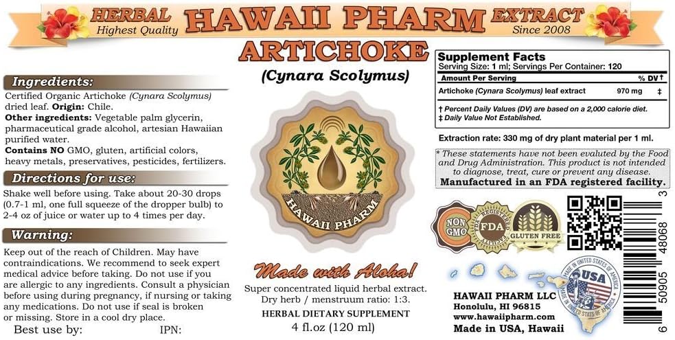 Organic Artichoke Liquid Extract Tincture - Hawaii Pharm 4 oz Bottle
