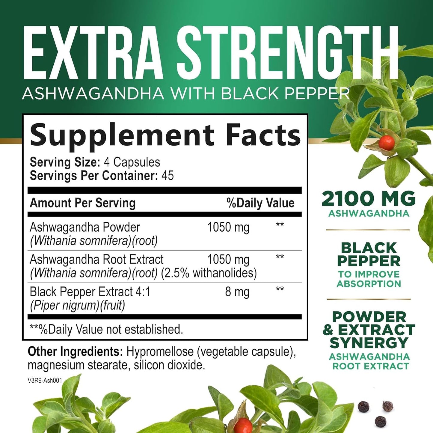 Organic Ashwagandha 1,950 mg Capsules with BioPerine - Natural Relax & Energy Support - Non-GMO, Vegan, Gluten Free - 180 Count