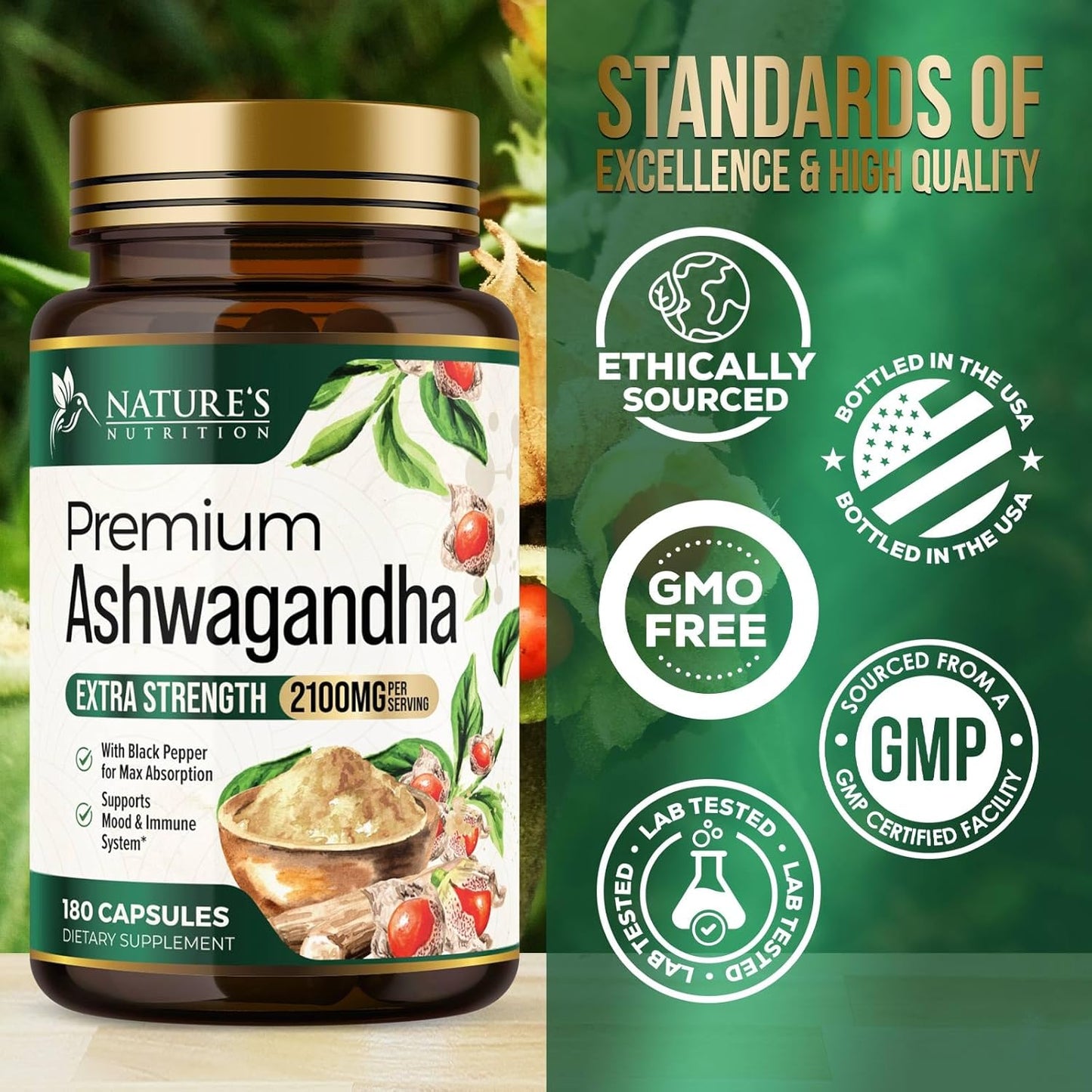 Organic Ashwagandha 1,950 mg Capsules with BioPerine - Natural Relax & Energy Support - Non-GMO, Vegan, Gluten Free - 180 Count
