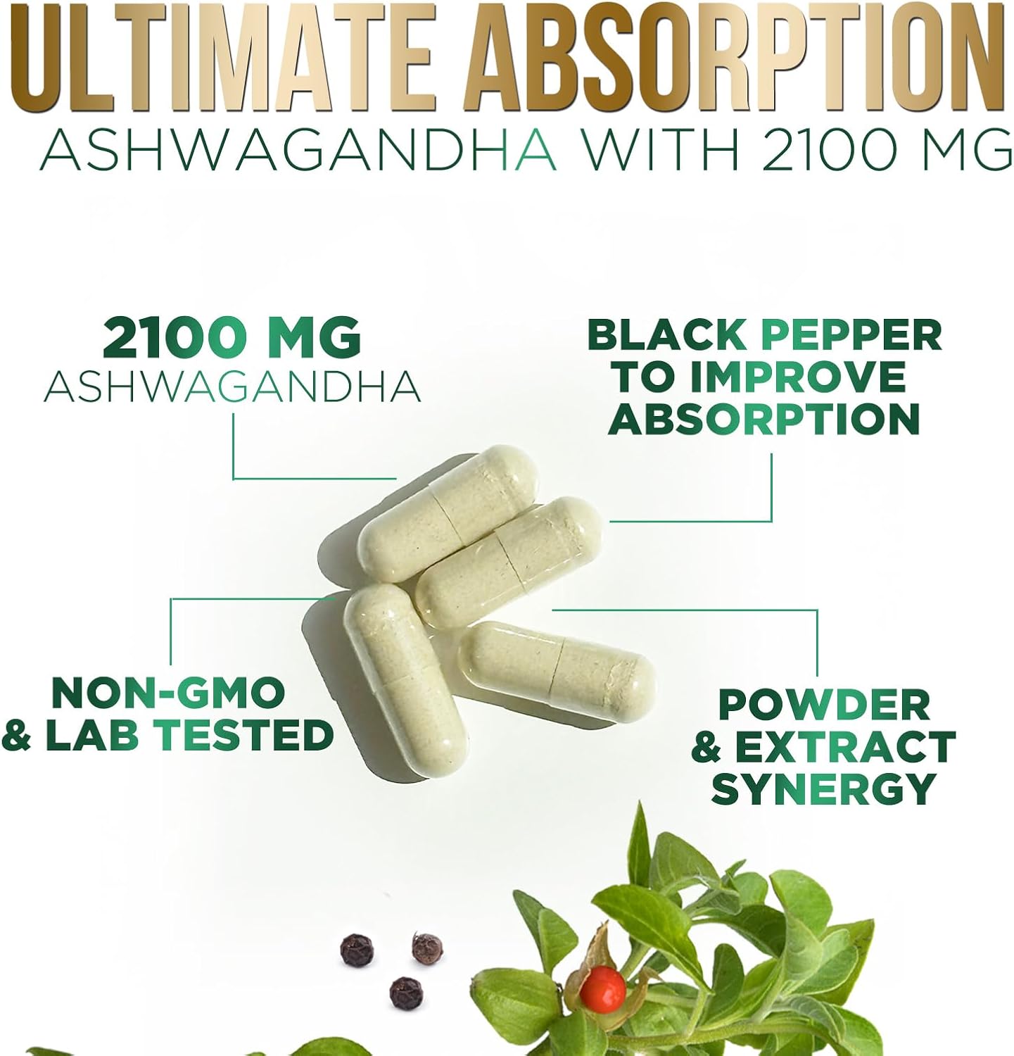 Organic Ashwagandha 1,950 mg Capsules with BioPerine - Natural Relax & Energy Support - Non-GMO, Vegan, Gluten Free - 180 Count