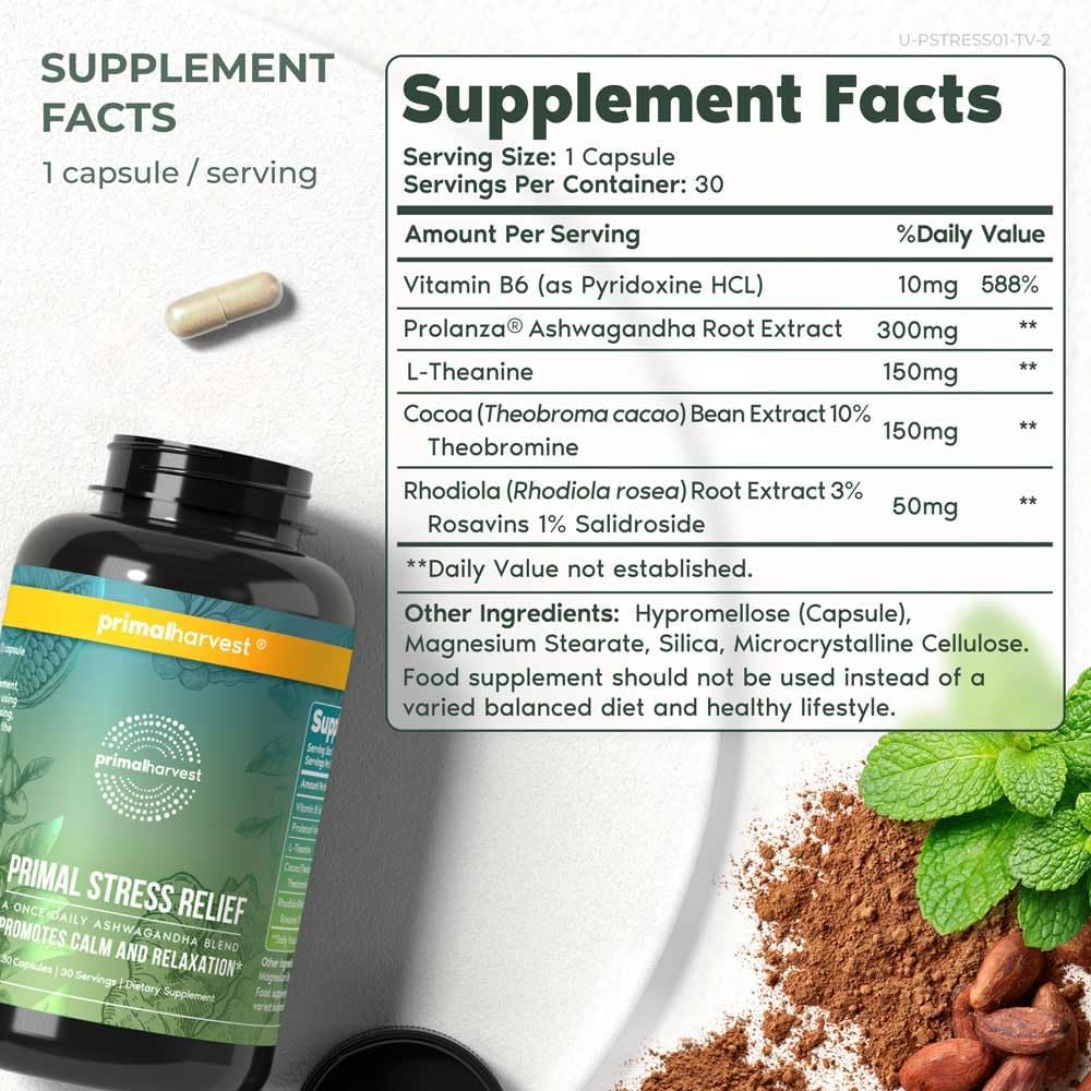 Organic Ashwagandha and L-Theanine Stress Relief Supplement for Women and Men - 30 Capsules