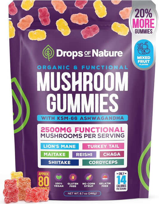 Organic Ashwagandha and Lions Mane Mushroom Gummies with Reishi, Cordyceps, Turkey Tail, Maitake, Shitake, Chaga - Immune Support and Cognitive Boost - Vegan and Low Carb