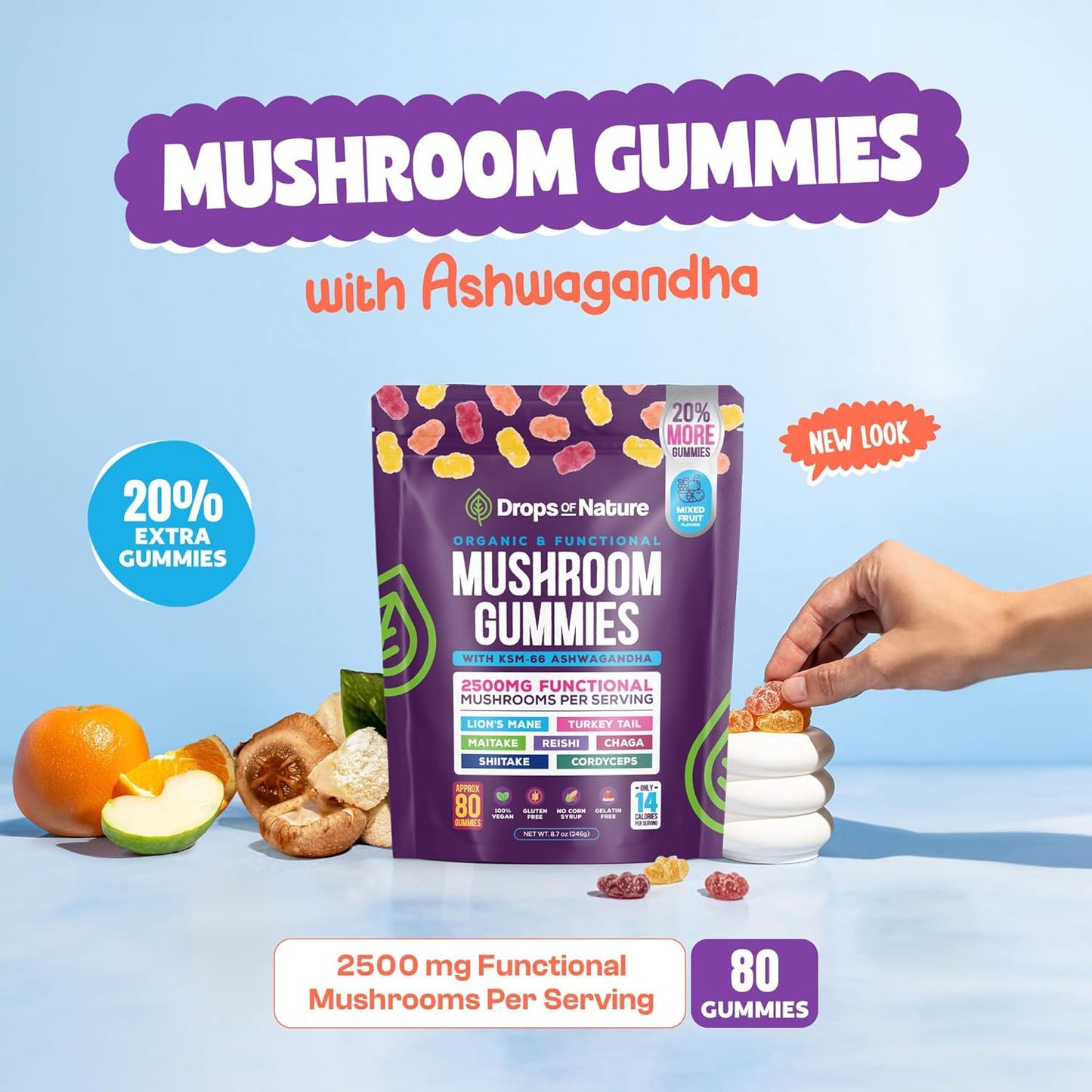 Organic Ashwagandha and Lions Mane Mushroom Gummies with Reishi, Cordyceps, Turkey Tail, Maitake, Shitake, Chaga - Immune Support and Cognitive Boost - Vegan and Low Carb