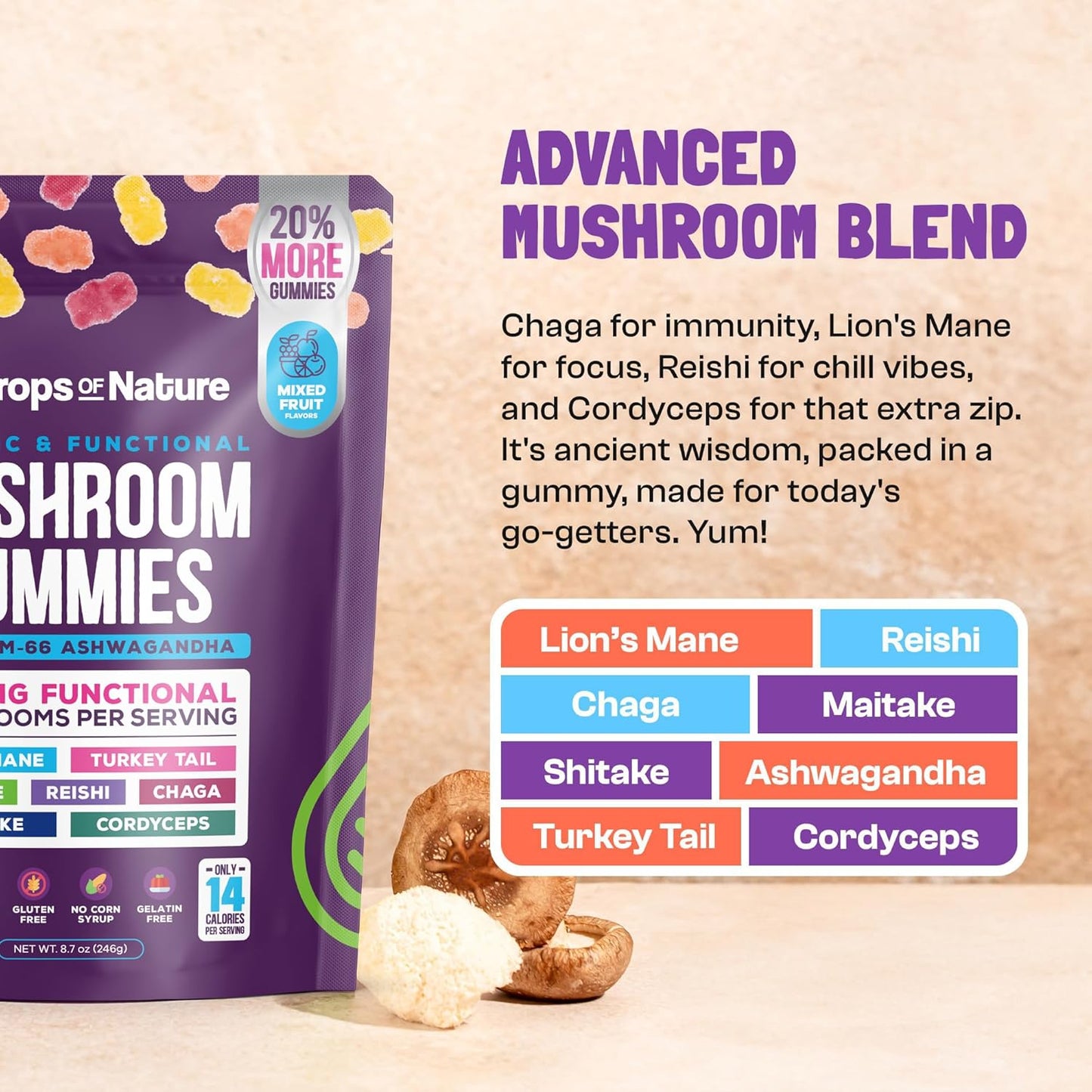 Organic Ashwagandha and Lions Mane Mushroom Gummies with Reishi, Cordyceps, Turkey Tail, Maitake, Shitake, Chaga - Immune Support and Cognitive Boost - Vegan and Low Carb