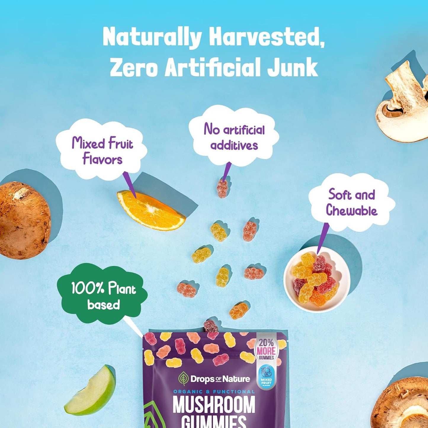 Organic Ashwagandha and Lions Mane Mushroom Gummies with Reishi, Cordyceps, Turkey Tail, Maitake, Shitake, Chaga - Immune Support and Cognitive Boost - Vegan and Low Carb
