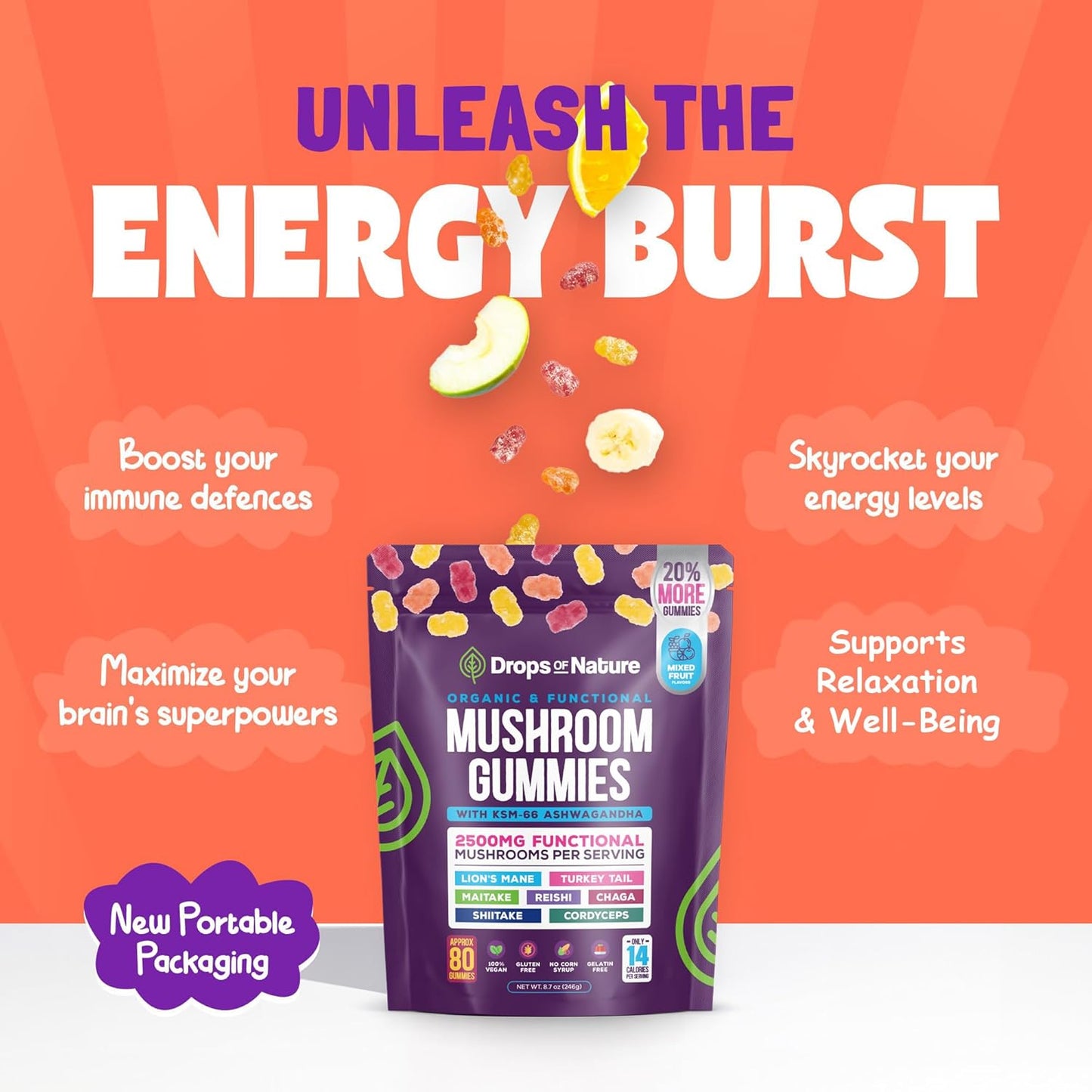 Organic Ashwagandha and Lions Mane Mushroom Gummies with Reishi, Cordyceps, Turkey Tail, Maitake, Shitake, Chaga - Immune Support and Cognitive Boost - Vegan and Low Carb