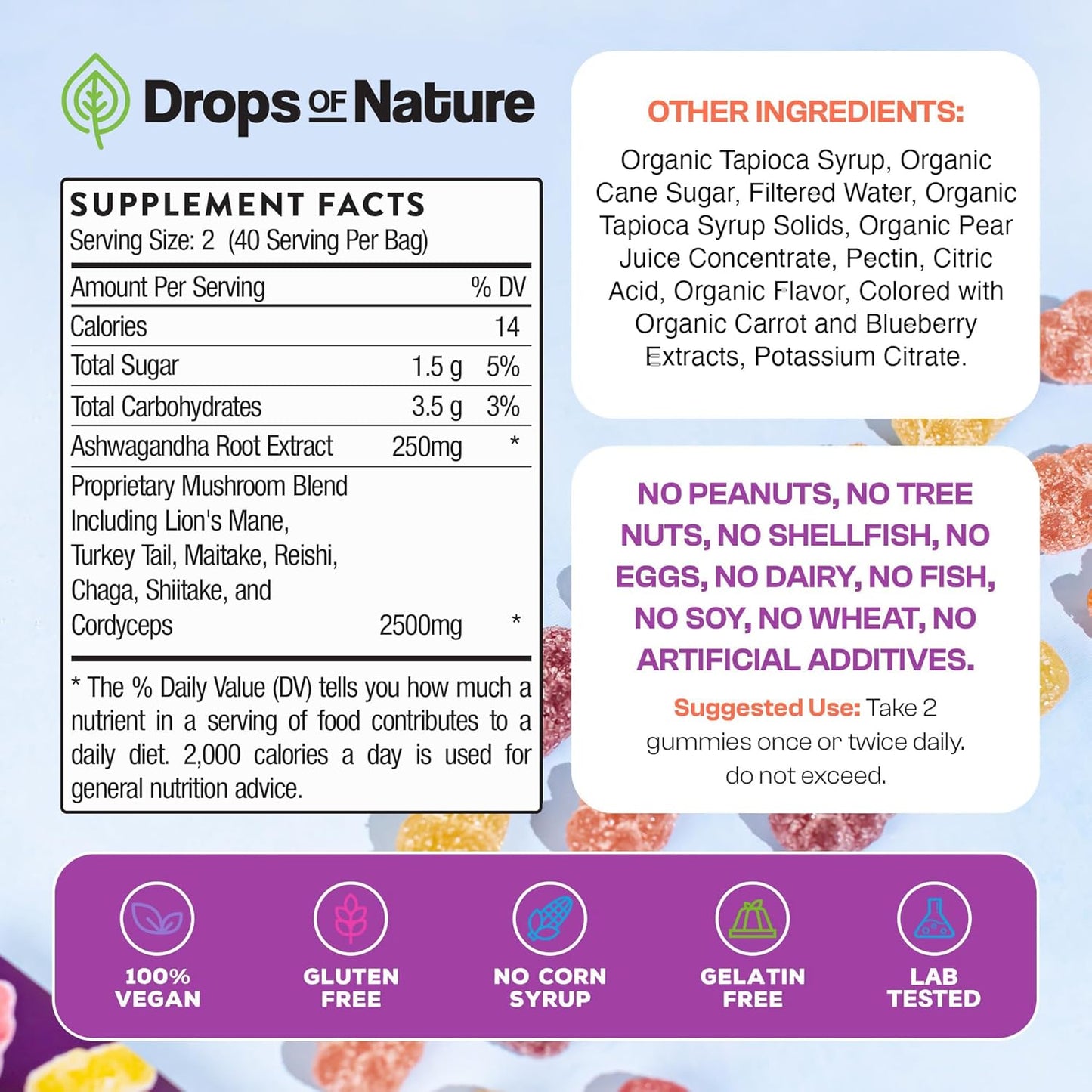 Organic Ashwagandha and Lions Mane Mushroom Gummies with Reishi, Cordyceps, Turkey Tail, Maitake, Shitake, Chaga - Immune Support and Cognitive Boost - Vegan and Low Carb