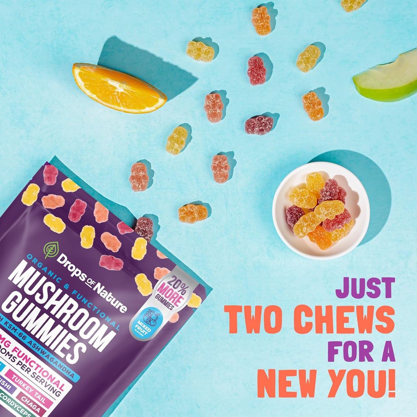 Organic Ashwagandha and Lions Mane Mushroom Gummies with Reishi, Cordyceps, Turkey Tail, Maitake, Shitake, Chaga - Immune Support and Cognitive Boost - Vegan and Low Carb
