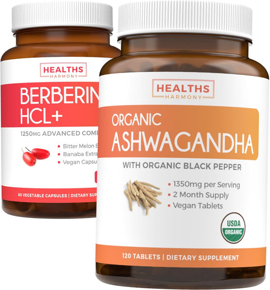 Organic Ashwagandha & Berberine HCL+ Bundle - Nature's Synergy Duo - Save $4 (11% Off) - Adrenal Support - 60 Berberine Capsules & 120 Ashwagandha Tablets