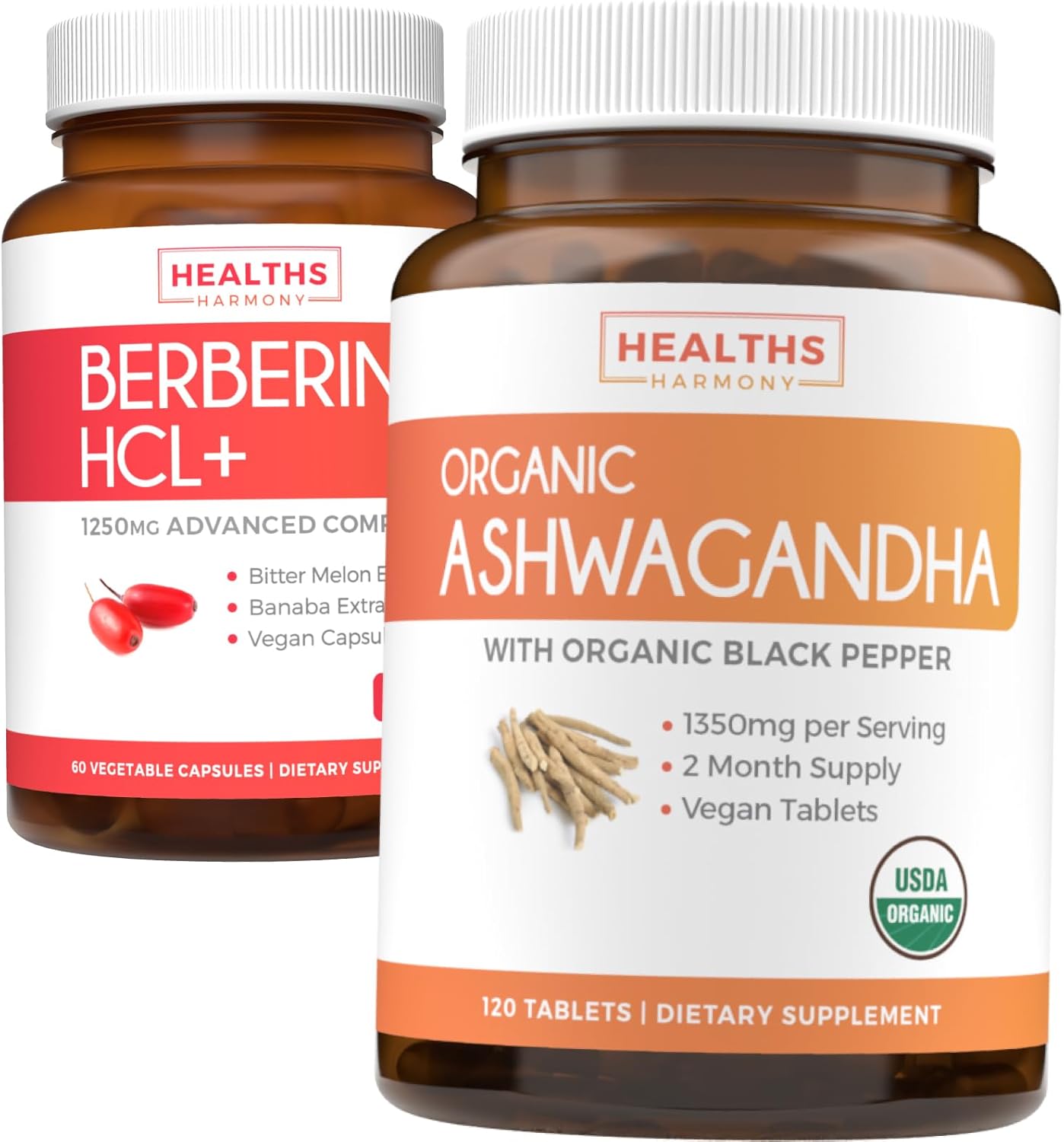 Organic Ashwagandha & Berberine HCL+ Bundle - Nature's Synergy Duo - Save $4 (11% Off) - Adrenal Support - 60 Berberine Capsules & 120 Ashwagandha Tablets