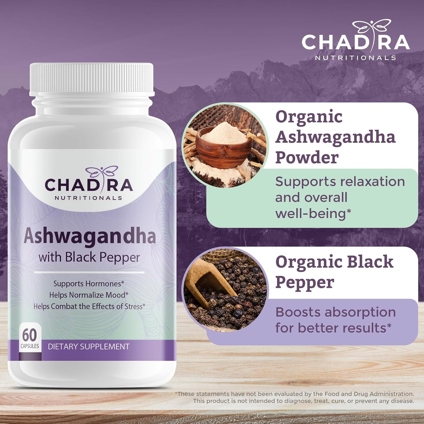 Organic Ashwagandha & Black Pepper Capsules for Stress, Cognition & Mood - Non-GMO, Gluten Free - 60 Count
