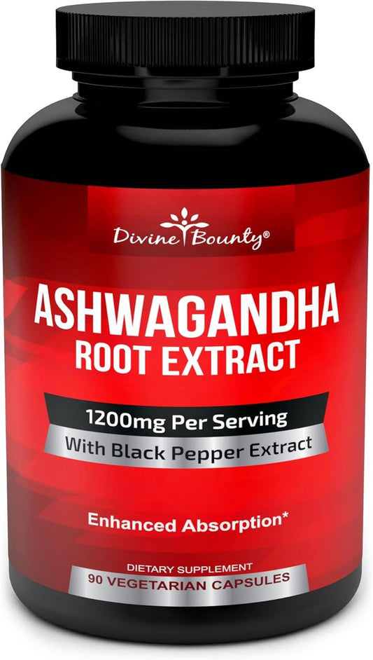 Organic Ashwagandha Capsules - 1200mg Powder with Black Pepper for Enhanced Absorption - Calmness & Mood Support - 90 Veggie Capsules by Divine Bounty