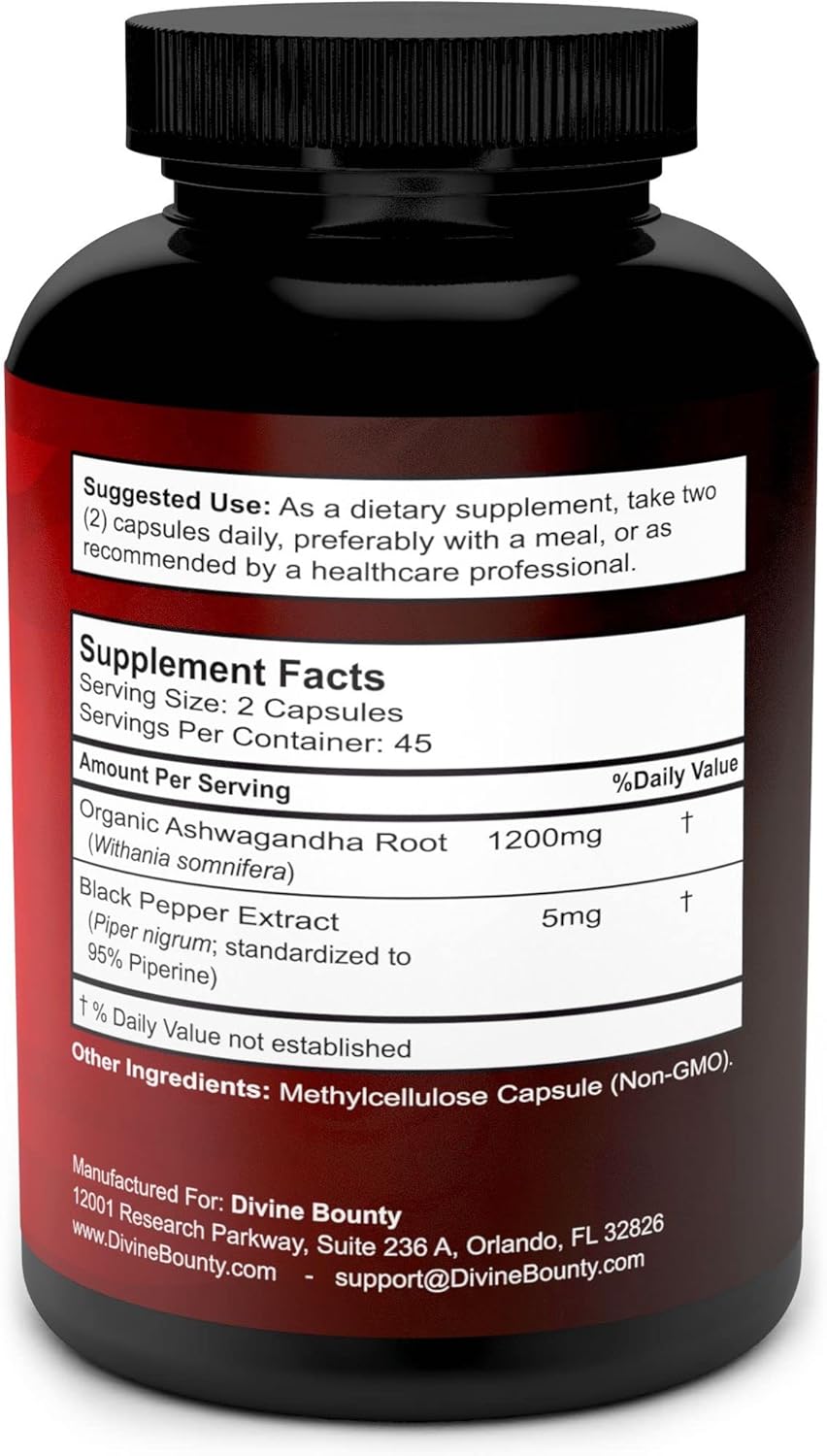 Organic Ashwagandha Capsules - 1200mg Powder with Black Pepper for Enhanced Absorption - Calmness & Mood Support - 90 Veggie Capsules by Divine Bounty