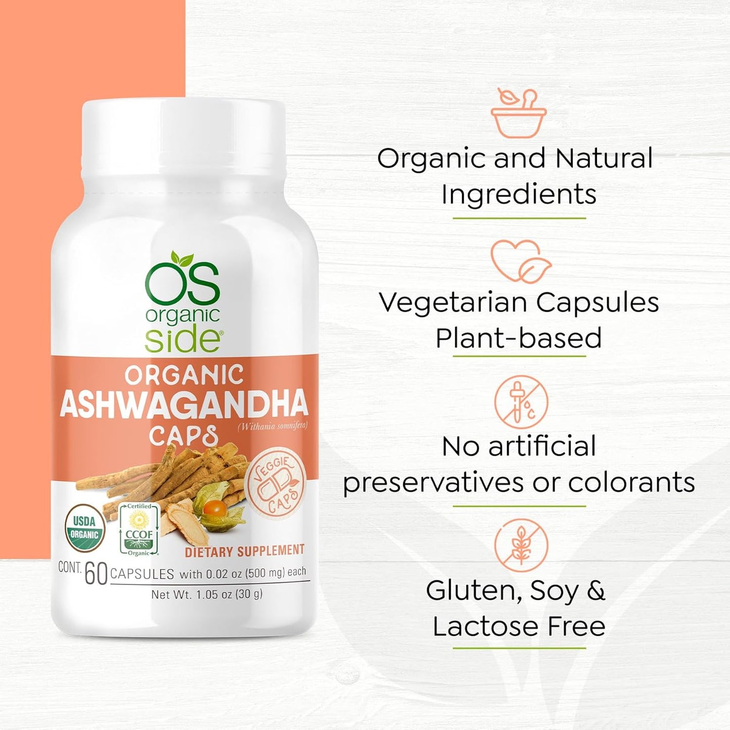 Organic Ashwagandha Capsules - 60 Count, 1,000mg Pure Formula for Stress Relief & Mood Enhancement - Vegan, Non-GMO, Gluten-Free