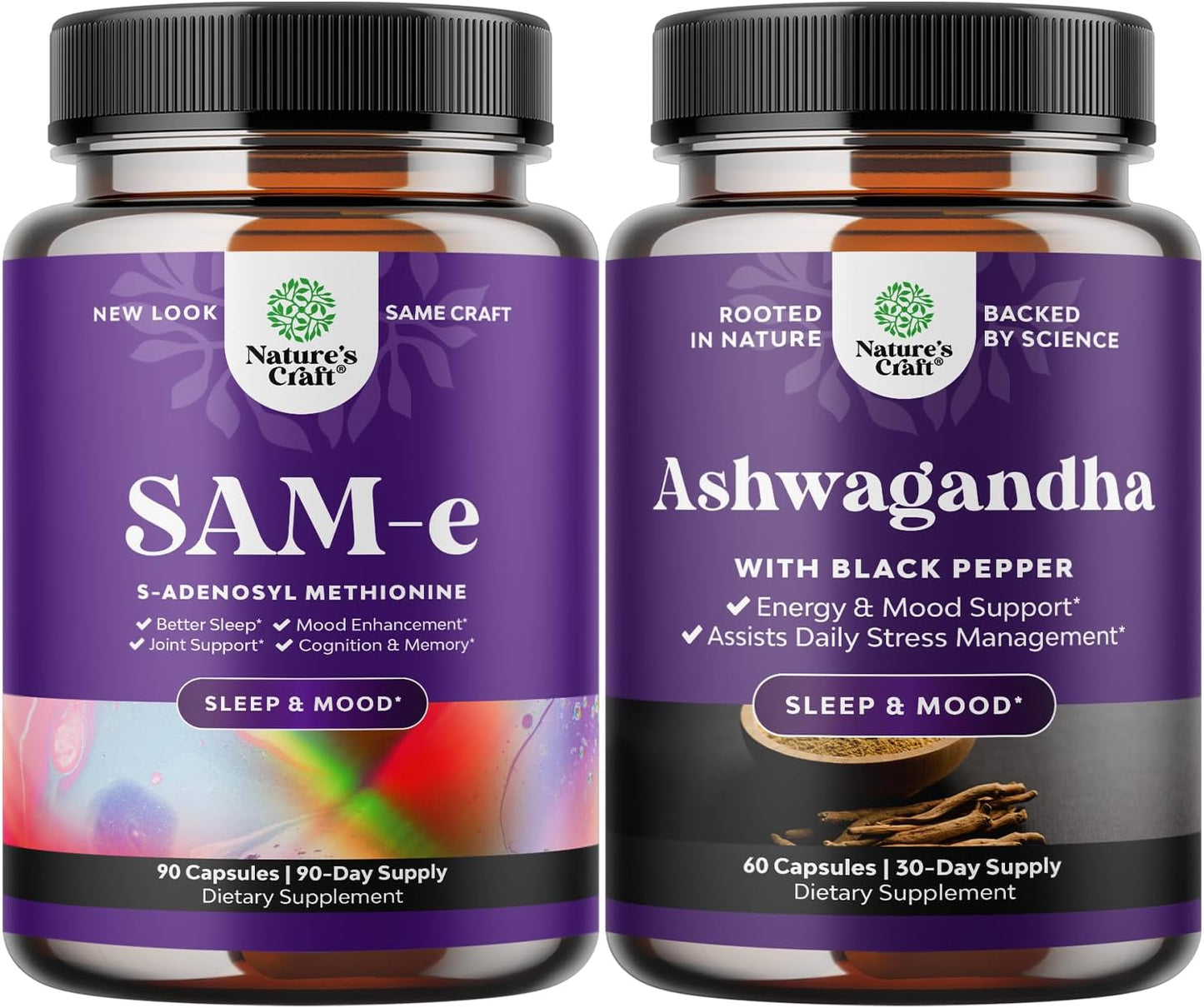 Organic Ashwagandha Capsules and SAM-E Brain Supplement Bundle for Brain and Mood Support - Natural Nootropic and Mood Enhancer with Thyroid and Adrenal Support