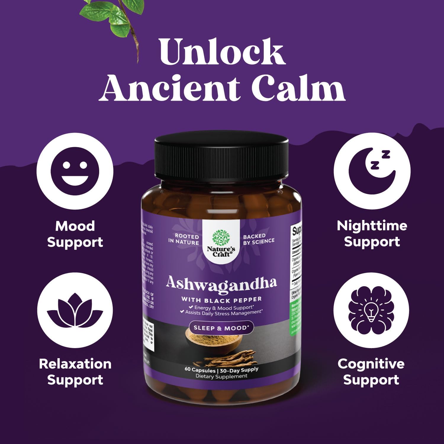 Organic Ashwagandha Capsules and SAM-E Brain Supplement Bundle for Brain and Mood Support - Natural Nootropic and Mood Enhancer with Thyroid and Adrenal Support