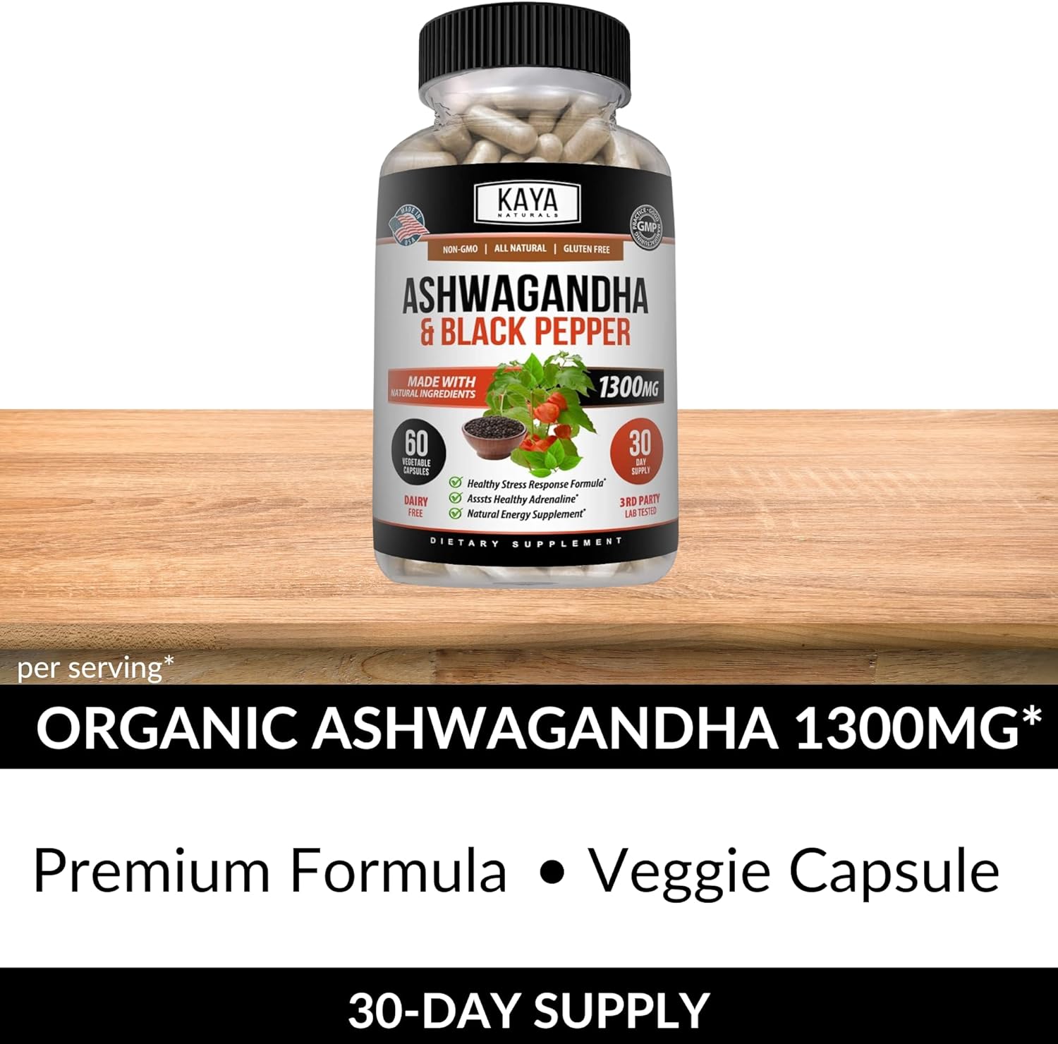Organic Ashwagandha Capsules Extra Strength for Stress Relief, Mood Support, Focus, and Energy - 60 Capsules by Kaya Naturals
