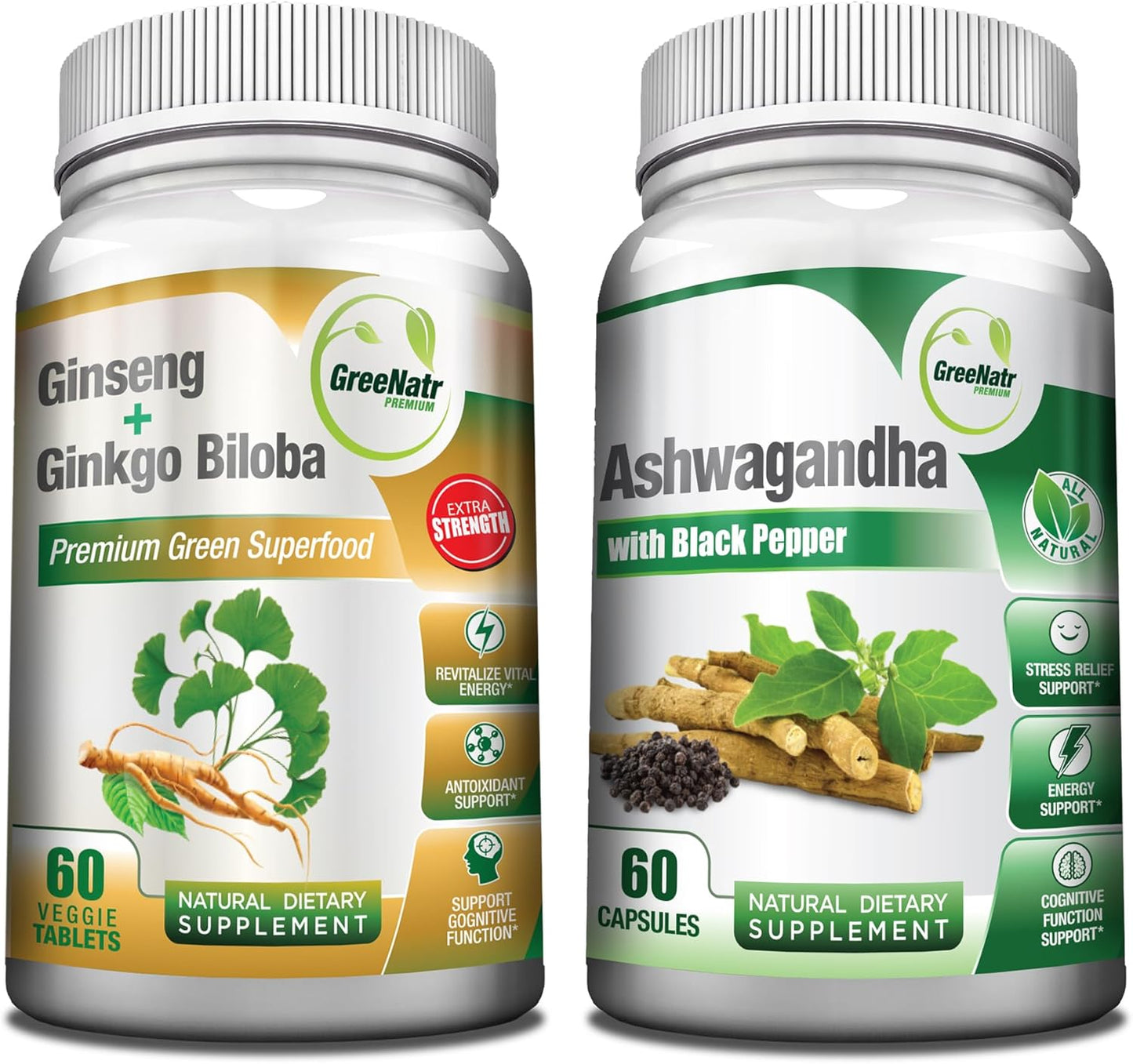 Organic Ashwagandha Capsules with Black Pepper & Ginseng Ginkgo Biloba Tablets for Holistic Well-Being & Stress Relief