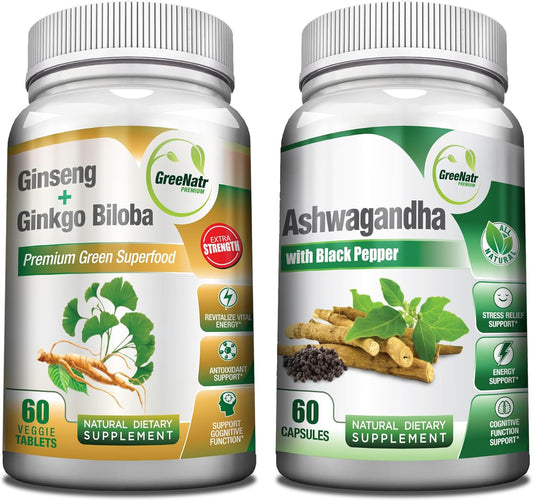Organic Ashwagandha Capsules with Black Pepper & Ginseng Ginkgo Biloba Tablets for Holistic Well-Being & Stress Relief