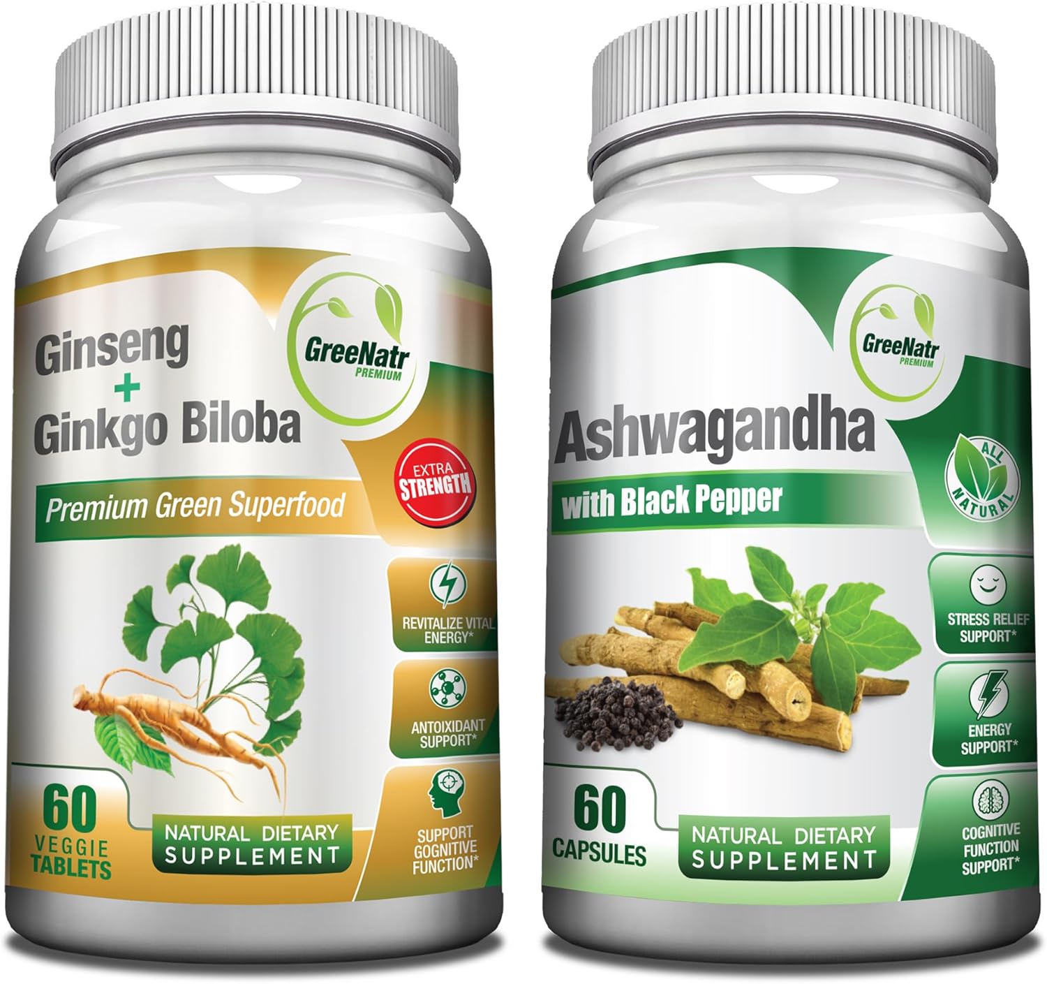 Organic Ashwagandha Capsules with Black Pepper & Ginseng Ginkgo Biloba Tablets for Holistic Well-Being & Stress Relief