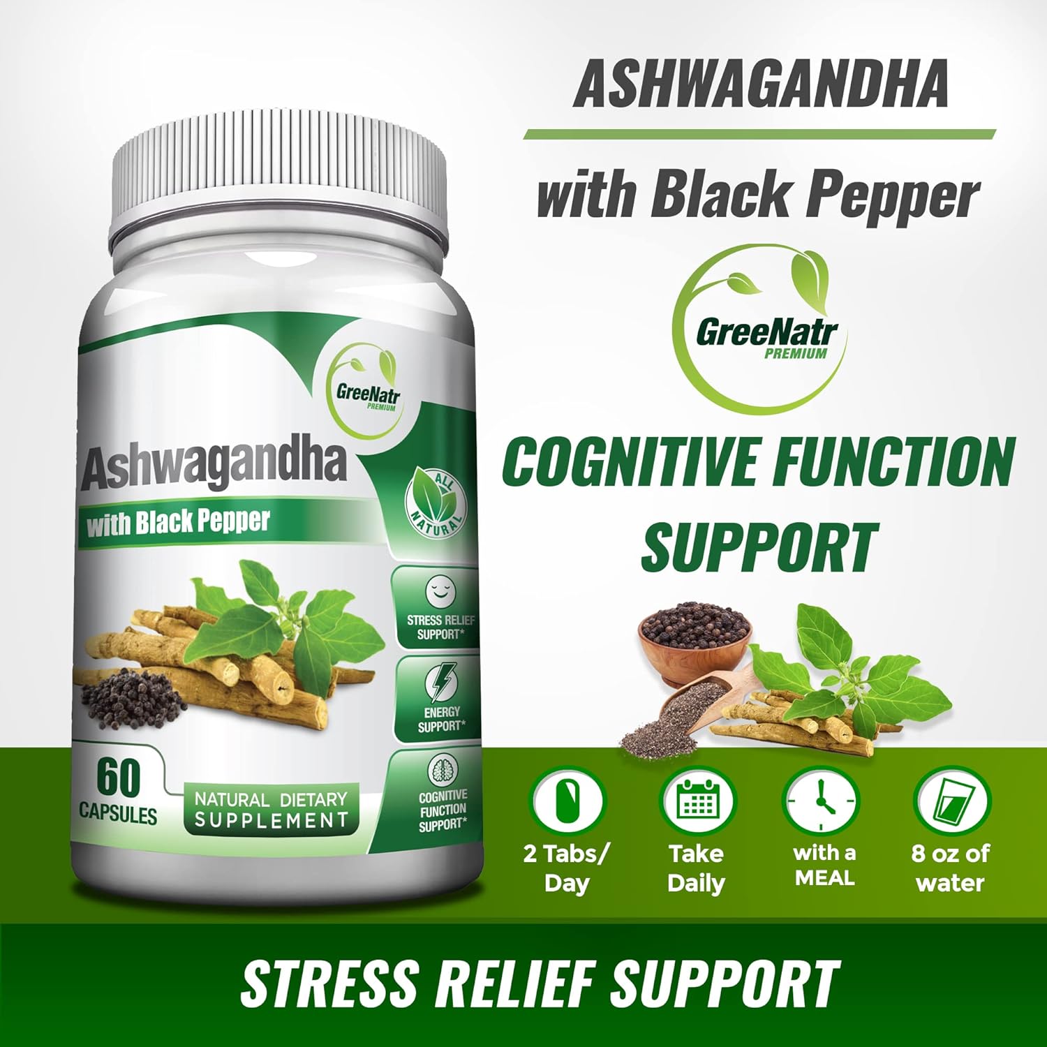 Organic Ashwagandha Capsules with Black Pepper & Ginseng Ginkgo Biloba Tablets for Holistic Well-Being & Stress Relief