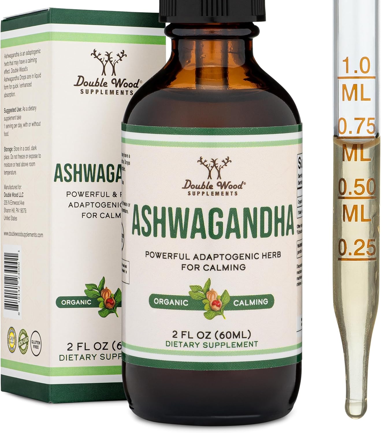 Organic Ashwagandha Drops - 1,200mg Stress Relief Tincture (60 Servings) - Adrenal Support, Cortisol Manager - Vegan, Gluten Free, Non-GMO - by Double Wood