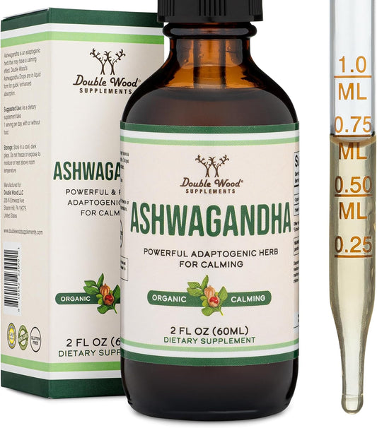 Organic Ashwagandha Drops - 1,200mg Stress Relief Tincture (60 Servings) - Adrenal Support, Cortisol Manager - Vegan, Gluten Free, Non-GMO - by Double Wood
