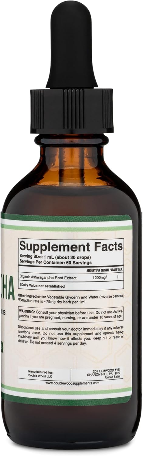 Organic Ashwagandha Drops - 1,200mg Stress Relief Tincture (60 Servings) - Adrenal Support, Cortisol Manager - Vegan, Gluten Free, Non-GMO - by Double Wood