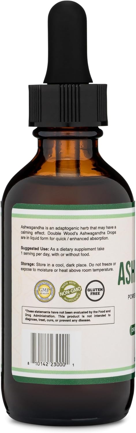 Organic Ashwagandha Drops - 1,200mg Stress Relief Tincture (60 Servings) - Adrenal Support, Cortisol Manager - Vegan, Gluten Free, Non-GMO - by Double Wood