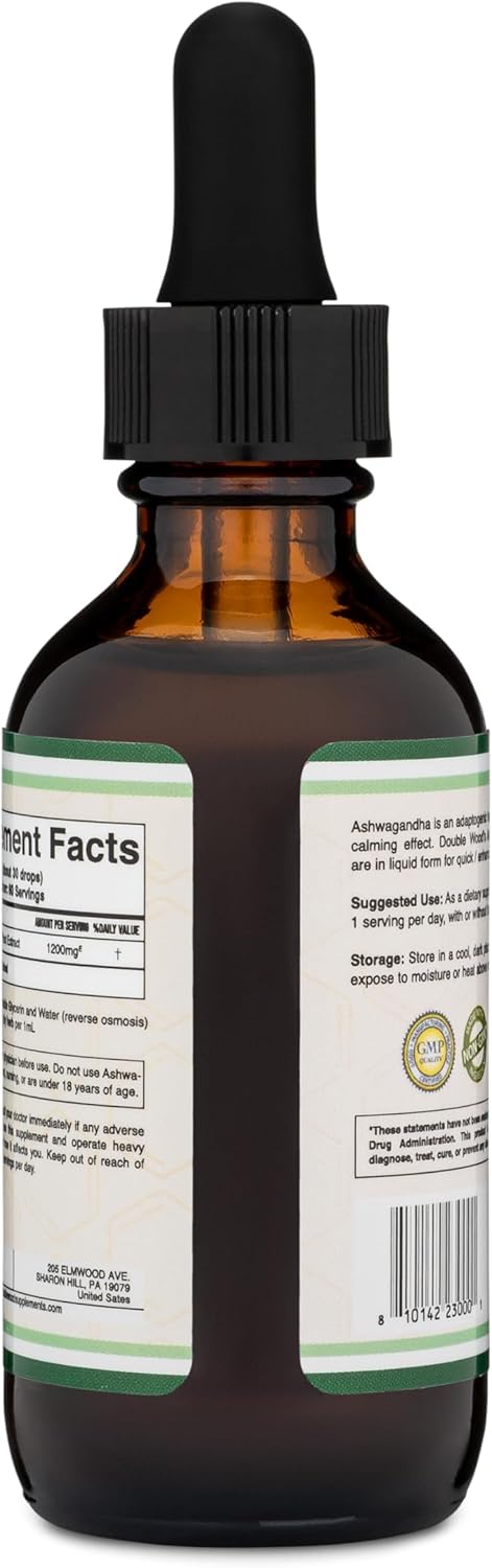 Organic Ashwagandha Drops - 1,200mg Stress Relief Tincture (60 Servings) - Adrenal Support, Cortisol Manager - Vegan, Gluten Free, Non-GMO - by Double Wood