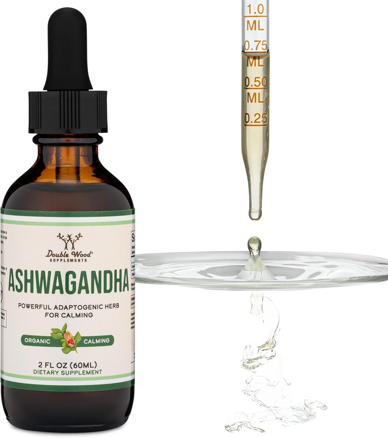 Organic Ashwagandha Drops - 1,200mg Stress Relief Tincture (60 Servings) - Adrenal Support, Cortisol Manager - Vegan, Gluten Free, Non-GMO - by Double Wood