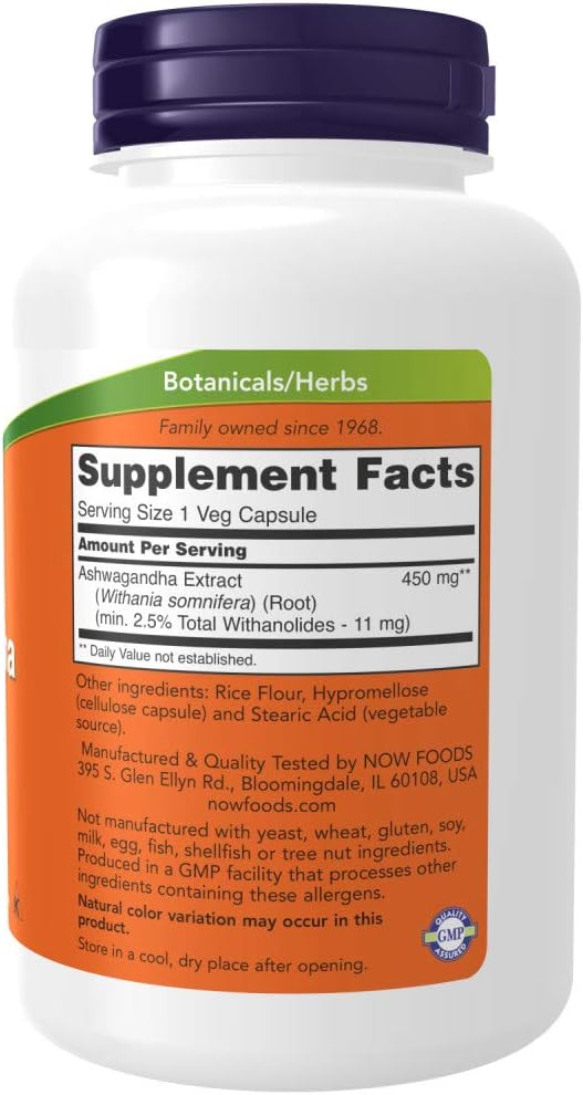 Organic Ashwagandha Extract Capsules 450mg - 180 Count by NOW Foods