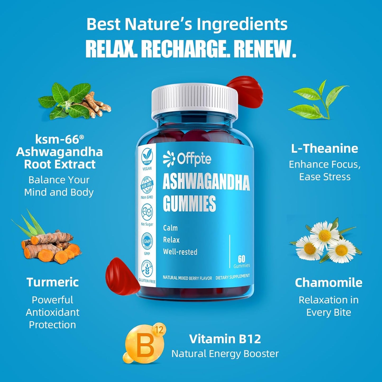 Organic Ashwagandha Gummies for Sleep, Vegan KSM-66 Extract for Men & Women, Mixed Berry Chewable Supplement