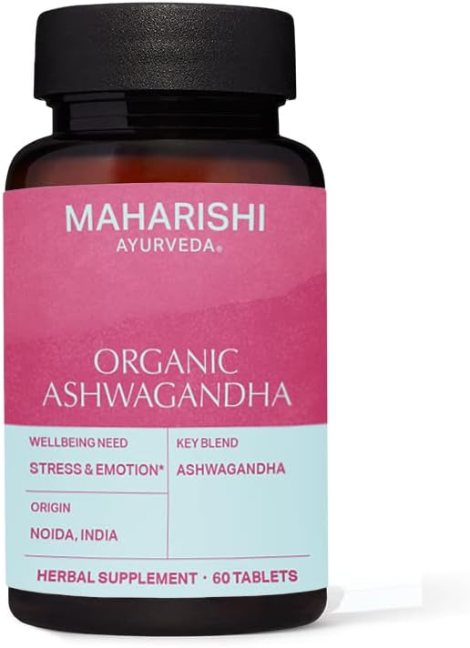 Organic Ashwagandha Herbal Tablets for Stress Management - 60 Count, 500mg | Boosts Stamina & Energy - Maharishi Ayurveda