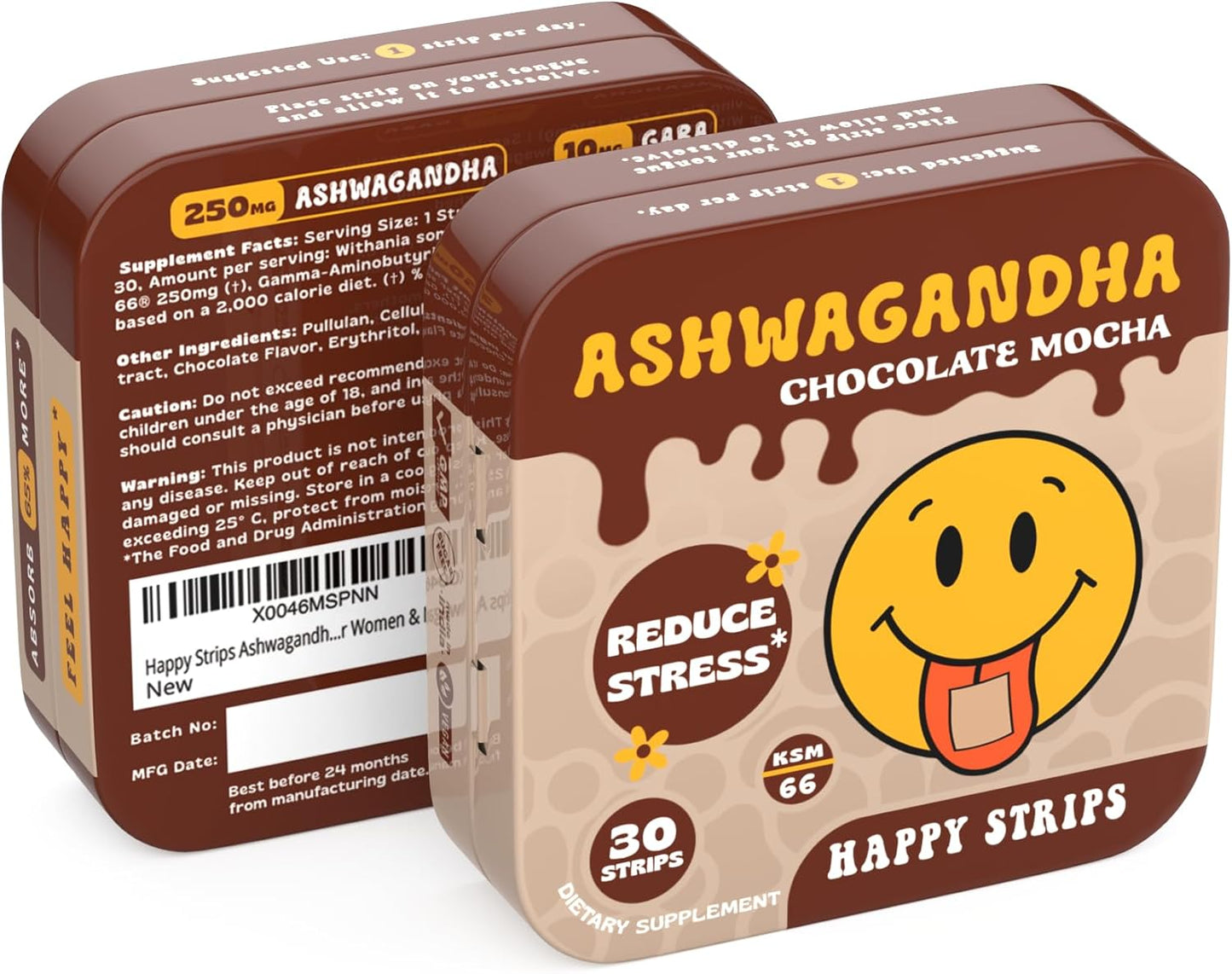 Organic Ashwagandha KSM 66 & GABA Strips for Stress Relief, Sleep - Fast-Acting, Vegan, Sugar-Free - 30 Count